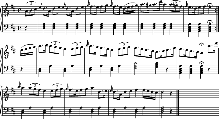 
{
 \new PianoStaff <<
  \new Staff \relative c'' { \clef "treble" \key d \major \time 4/4 \override TupletBracket #'direction = #1
   \repeat volta 2 { \partial 4 \times 2/3 { a8( b cis) } | \grace e16 d8.[ a16] d8[ e] \grace e16 d8.[ a16] d8[ e] | \grace g16 fis8.[ e16] fis8[ g] \grace g16 fis8.[ e16] d16[( e fis g)] \noBreak | a8.[ gis16] a8.[ d16] a4 \times 2/3 { a8( g fis) } | \grace fis16 e8.[ d16 e8 fis] e4\fermata | } \break
   d16( e fis g) | a8.[ b16] \times 2/3 { a8( g fis) } e4 \times 2/3 { e8( fis g) } | \grace b16 a8.[ g16] fis8.[ e16] d4 \times 2/3 { e8( fis g) } | fis8.[ e16 d8. cis16] b8.[ cis16 d8. fis16] | e8.[ d16 cis8. b16] a4\fermata a'8.[ d16] \break
   \grace b16 a4 \times 2/3 { a8( g fis) } e4 \times 2/3 { e8( fis g) } | \grace g16 fis8.[ e16 fis8 g] a4 d,8.[ e16] | \grace e16 d8.[ a16] d8[ e] fis4 fis16[ e d cis] | d2 r4 \bar "|." s4 \bar "" s1 \bar ""
  }
  \new Staff { \clef "bass" \key d \major
   \repeat volta 2 { \partial 4 r4 | <d fis a> q q q | q q q q | q q q q | <a, cis e a> q q\fermata | }
   r4 | <cis e> a <cis e> a | <d fis> a <d fis> a | <fis a d'>2 <g b d'>4 r | <a, cis e a> q q\fermata r |
   <cis e> a <cis e> a | <d fis> a <d fis> a | <d fis> a <d fis> a | <d fis a>2 r4 | s4 \bar "" s1 \bar ""
  }
 >>
}
