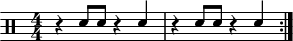 \version "2.22.0"
\header { tagline = ##f}
\score {
  \drums \with {midiInstrument = "drums"}
  \with { \numericTimeSignature }
  {
    \repeat volta 2 {
\stemUp
      r4 sne8 sne8 r4 sne r4 sne8 sne8 r4 sne \break
    }
  }
  \layout {}
}

\score {
  \unfoldRepeats {
    \drums \with {midiInstrument = "drums"}{
      \repeat volta 2 {
        r4 sne8 sne8 r4 sne r4 sne8 sne8 r4 sne
      }
    }
  }
  \midi { \tempo  4 = 100 }
}