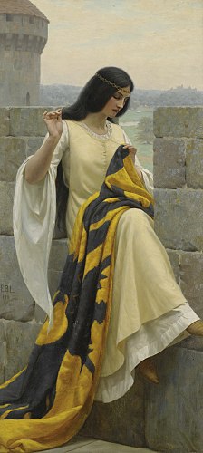 "Stitching the Standard is a painting by British artist Edmund Leighton. It depicts a nameless damsel on the battlements of a medieval castle making the finishing touches to a standard or pennant with a black eagle on a gold background. In a time of peace the woman has taken her needlework into the daylight away from the bustle of the castle." -- from the English Wikipedia article about this painting.