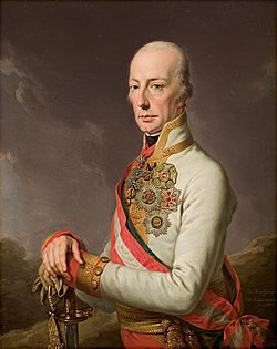 The emperor wearing a number of orders and decoration such as the Golden Fleece, Order of Maria Theresa, Order of Leopold, Order of Saint Stephen, and others (portrait by Joseph Kreutzinger, c. 1815) (Source: Wikimedia)