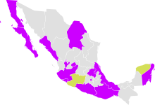 State map of Mexico. Most states are grey: technically illegal but effectively legal, as the state law is not prosecuted. As of 2022, 9 states have legalized abortion; this includes Coahuila, which borders Texas.