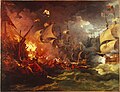 Defeat of the Spanish Armada on 8 August 1588 on a painting by Philip James de Loutherbourg (1712-1812), creating in 1796 in the style of the Historism (Navy) and/or Enlightment of the early 19th century, contemporary location: "Royal Museums Greenwhich" ("Greenwhich Hospital Gallery"), London (UK)