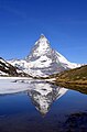 Matterhorn (4,478 m, Walliser Alps, East side) mirrored in Riffelsee lake. 45°59′0.3″N 7°45′46.0″E﻿ / ﻿45.983417°N 7.762778°E﻿ / 45.983417; 7.762778