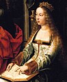 Isabella I of Castile nd Léon, detail of the painting "The Madonna with the fly", other title "Sagrada Falimila con Santa Magdalena y Santa Catalina" ca. 1520 by (attributed to) Gerard David (ca. 1450/1460-1523) or (the circle aroung of) Jean Gossaert (1478-1532) (Santa Catharina of Alexandria = Queen Isabella I.); contemporary location of this painting: Church "Colegiata de Santa María la Mayor" in Toro,(Spain)