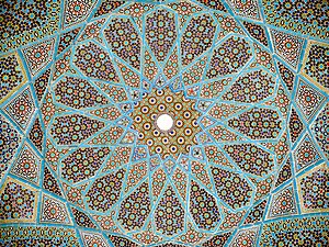 Ceramic ceiling decorating the roof of persian poet Hafez at Shiraz, Iran