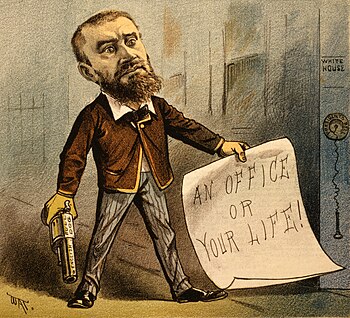 1881 political cartoon depicting a caricature of Charles J. Guiteau, who assassinated James A. Garfield. Guiteau believed himself to be largely responsible for Garfield's election to president, and demanded an ambassadorship in return.