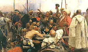 The Reply of the Zaporozhian Cossacks to Sultan Mehmed IV of Ottoman Empire. Painted by Ilya Repin from 1880 to 1891.