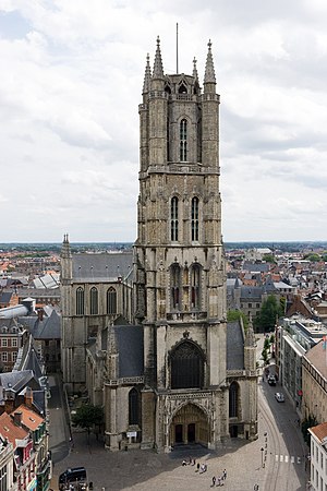 Sint-Baafskathedraal (Saint Bavo Cathedral) in Ghent (Belgium) as seen from the top op the opposing bell tower