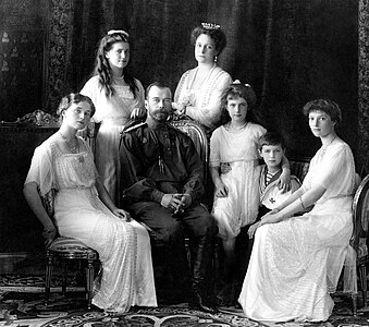 Nicholas II of Russia with the family (left to right): Olga, Maria, Nicholas II, Alexandra Fyodorovna, Anastasia, Alexei, and Tatiana. Livadiya, 1913. Portrait by the Levitsky Studio, Livadiya. Today the original photograph is held at the Hermitage Museum, St. Petersburg, Russia.