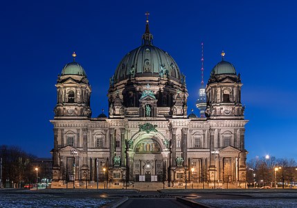 The west front of the Berlin Cathedral in the early morning.