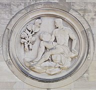 Monumental Art Deco medallion on the front of Municipal Auditorium.