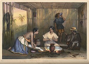 "Las Tortilleras": women making tortillas, early 19th century Mexico. Hand-colored lithograph.