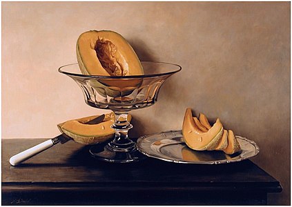 Crystal dish with melons (1999), a hyperrealistic painting by Mauro David (1949–2007)