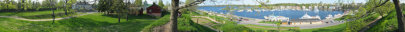 Panorama picture from Fortification of Lappeenranta, harbour of Lappeenranta on the right, and the courtyard of fortification on the left.