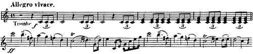Trumpet part (top) and the main theme in the violin part (bottom), of the "Wedding March" from Mendelssohn's Op. 61 (Source: Wikimedia)