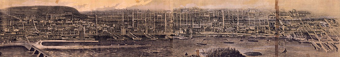 Panoramatický pohled na Montreal v roce 1906, od řeky Saint Lawrence na jih, zobrazující hlavní průmyslová odvětví a přístav, stejně jako ulice a obydlí.  Tento pohled se táhne od rue Letourneux na východě k železnici Grand Tronc (Victoria Bridge) na západě.
