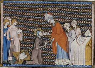 Miniatura raffigurante San Luigi inginocchiato che riceve l'Eucaristia dalle mani di un vescovo.