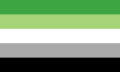 Aromantic flag. The dark and light greens represent the aromantic spectrum, the white represents platonic friendships and intimacy, and the grey and black represent the sexuality spectrum.