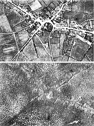 Aerial view of the village of Passchendaele (North is to the right of the photo) before and after the Third Battle of Ypres, 1917.