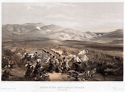 A lithograph by Richard Simpson illustrating a battle between British and Russian cavalry during the Crimean War. (Restored by NativeForeigner