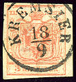 An Austrian stamp of the issue of 1850 with postmark of Kremsier