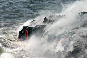 Hot, red lava enters Pacific Ocean