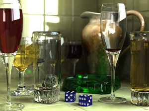 The glasses, ashtray, pitcher and dices