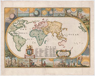 Joseph Moxon, A Map of the Earth, 1681. (cm, H x W) 32 x 46. View of the world as known in 1681. The seven days of creation are illustrated in the panels at the top of the map.