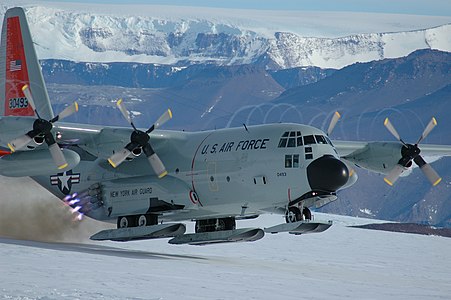 An LC-130 plane flown by the New York Air National Guard takes off from the Shackleton Glacier in Antarctica